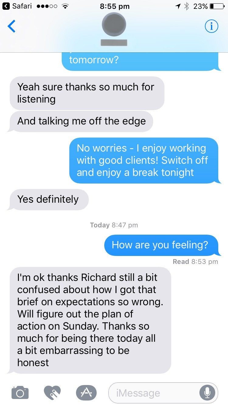 An anonymised client message thanking Richard for listening and helping after a difficult executive discussion